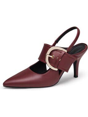 Women's Red Slingback Pumps Pointed Toe High Heels Belt Buckle Strap Shoes
